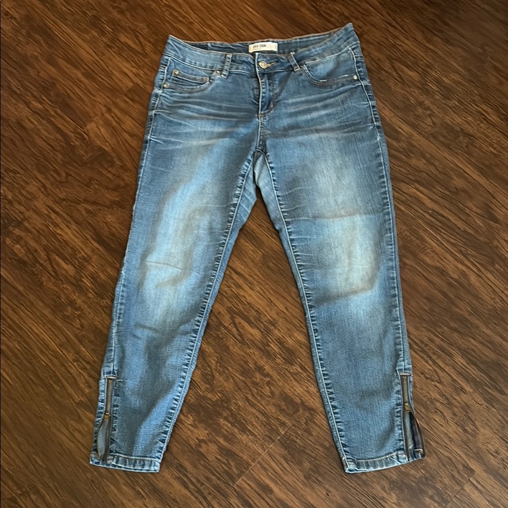 Blue Skinny Jeans with Tapered Ankle  with zippers and Distressed Look